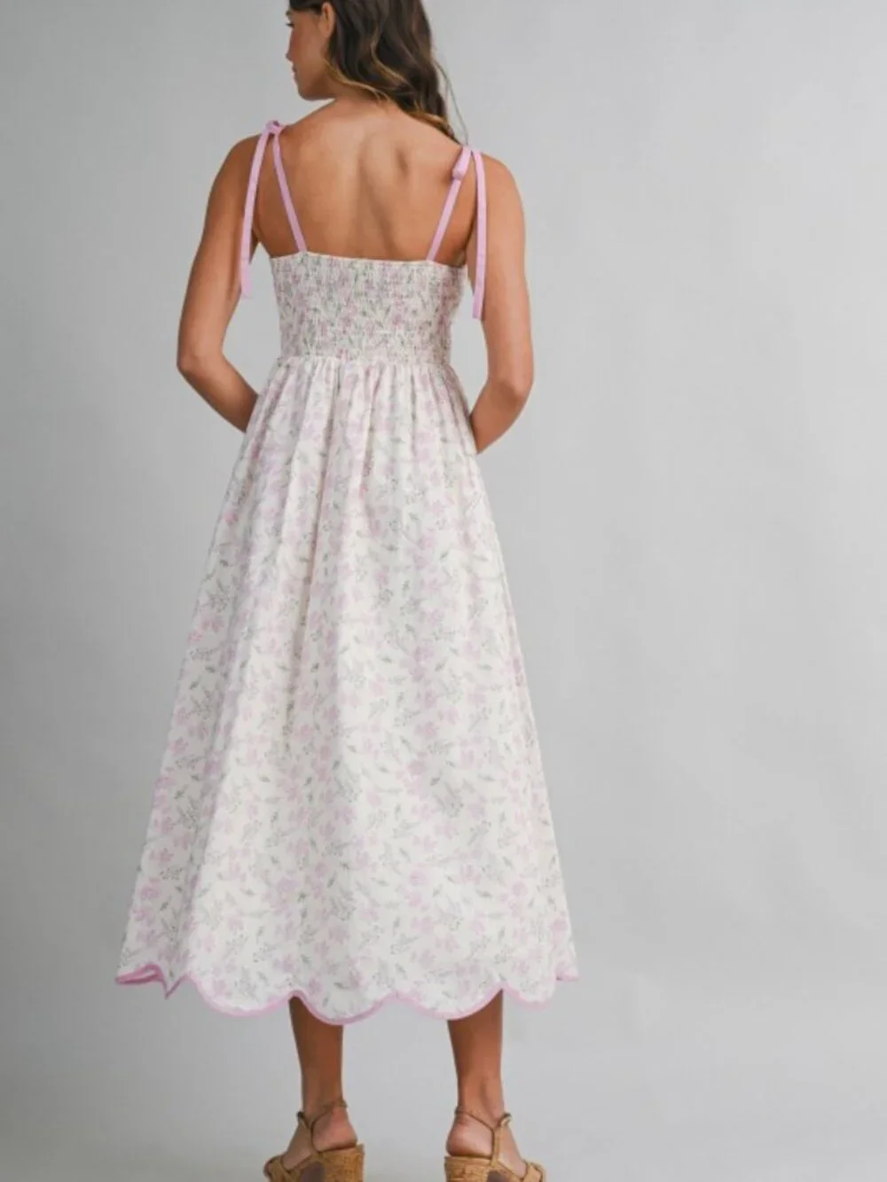 Floral Print Scallop Hem Contrast Self Tie Strap Midi Dress - Picture 5 of 7